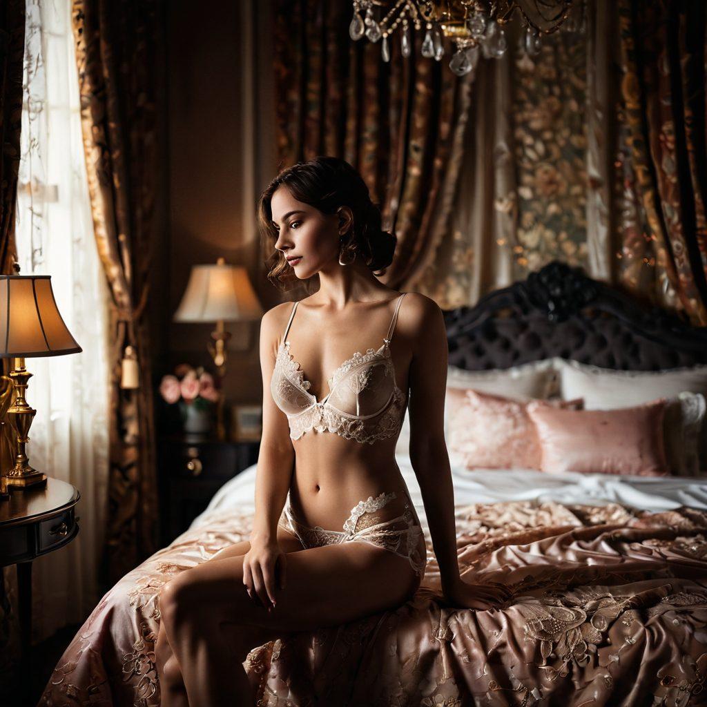 A luxurious boudoir scene showcasing a confident woman in elegant lingerie, surrounded by soft velvet drapery and romantic lighting that highlights her feminine charm. The atmosphere is filled with delicate floral arrangements and vintage props, enhancing the seductive yet empowering vibe. Capture the details of intricate lace patterns and the subtle play of shadow and light across her silhouette. super-realistic. vibrant colors. moody lighting.